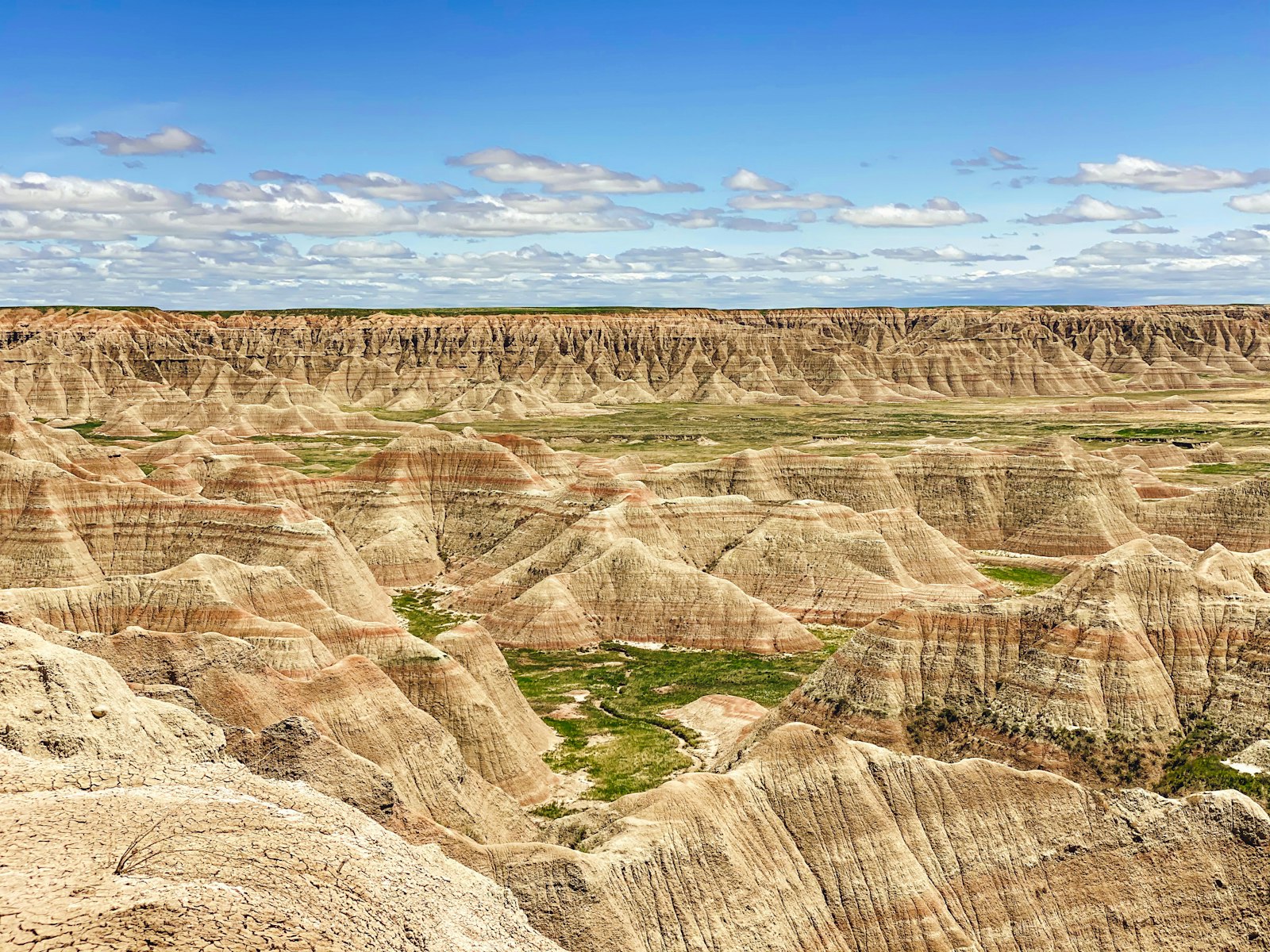 Striped, eroded rock formations at Badlands National Park, South Dakota